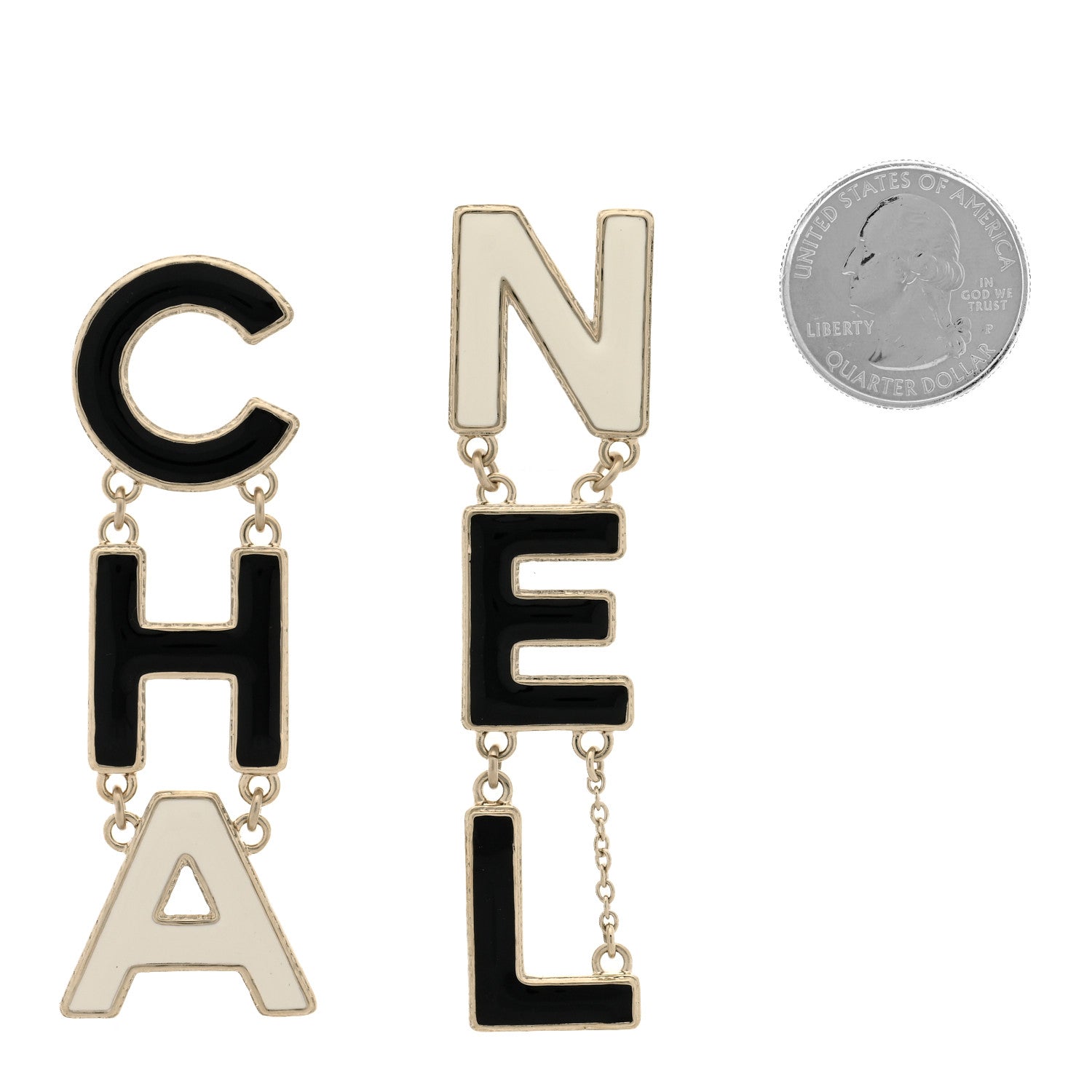 Chanel Metal Enamel Cha-Nel Logo Drop Earrings Black White 2 of 5