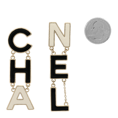 Chanel Metal Enamel Cha-Nel Logo Drop Earrings Black White 2 of 5