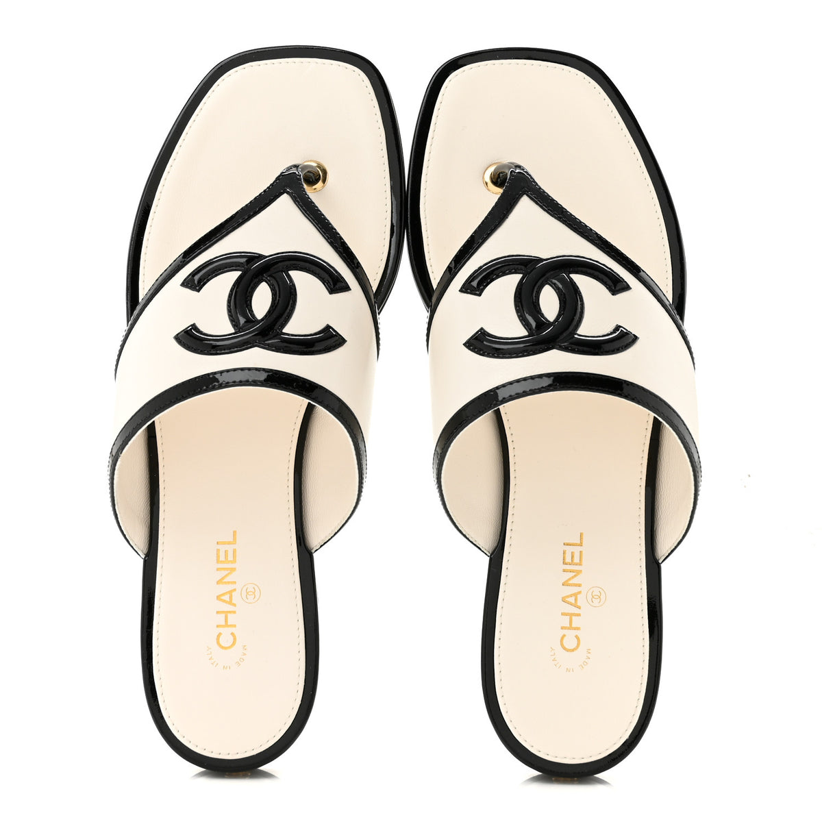 Chanel Lambskin Patent Calfskin CC Thong Sandals 38.5 White Black 2 of 10