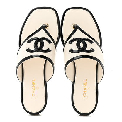 Chanel Lambskin Patent Calfskin CC Thong Sandals 38.5 White Black 2 of 10