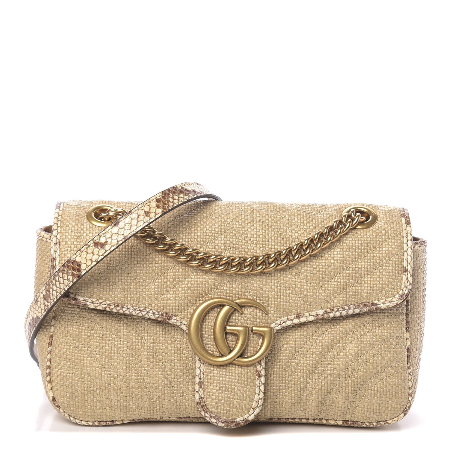 Raffia Elaphe Matelasse Small GG Marmont Shoulder Bag Natural Cream Brown