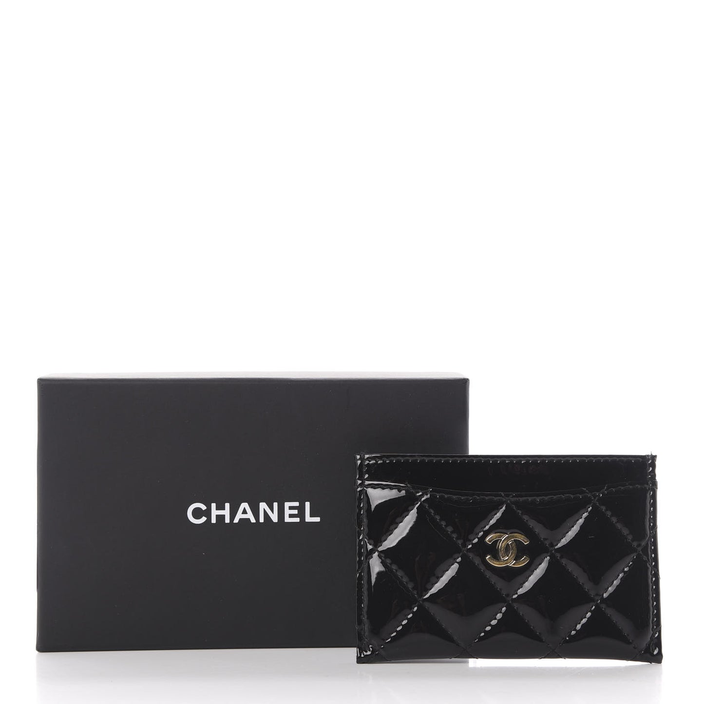 Patent Calfskin Quilted Card Holder Black