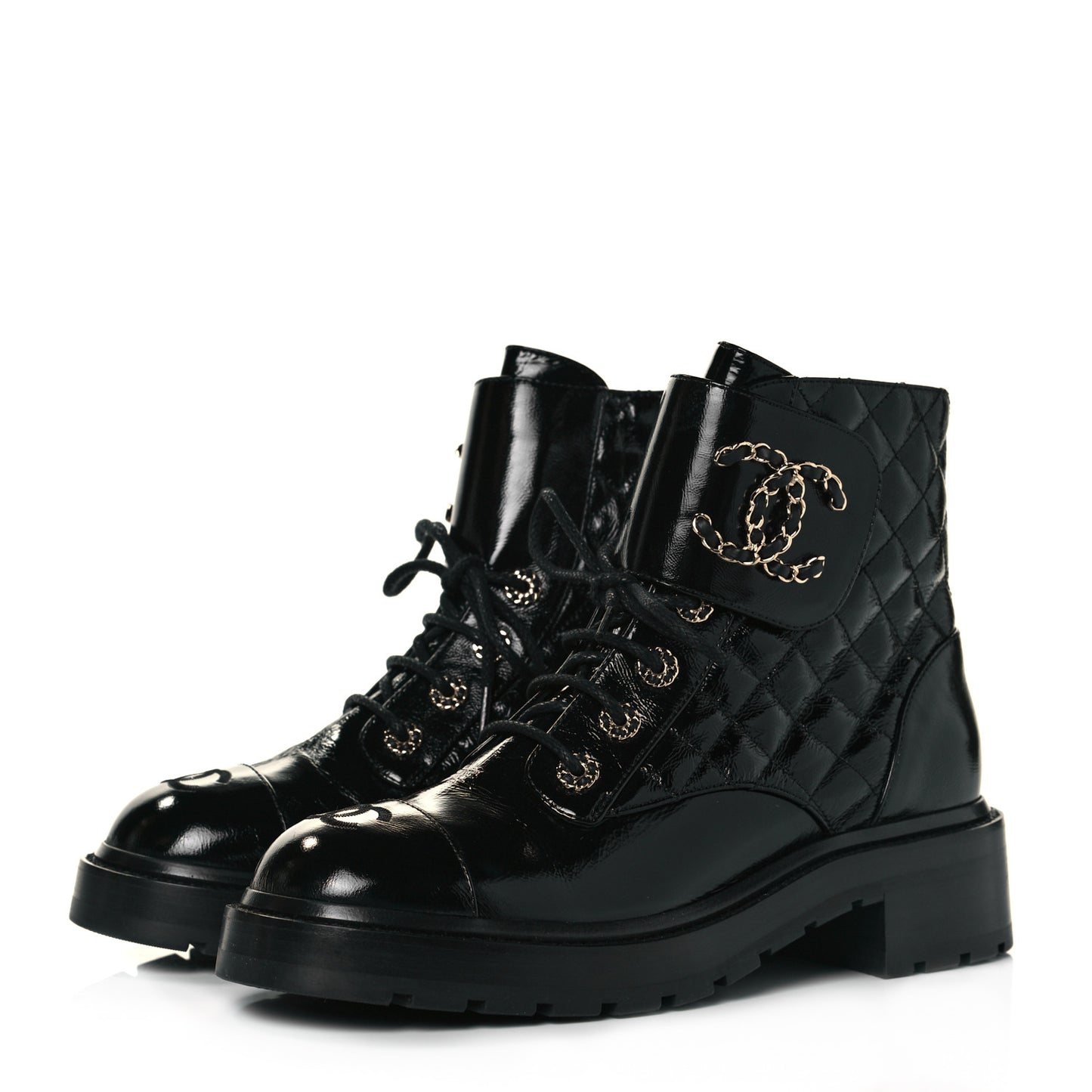 Shiny Calfskin Quilted Lace Up Combat Boots 39.5 Black