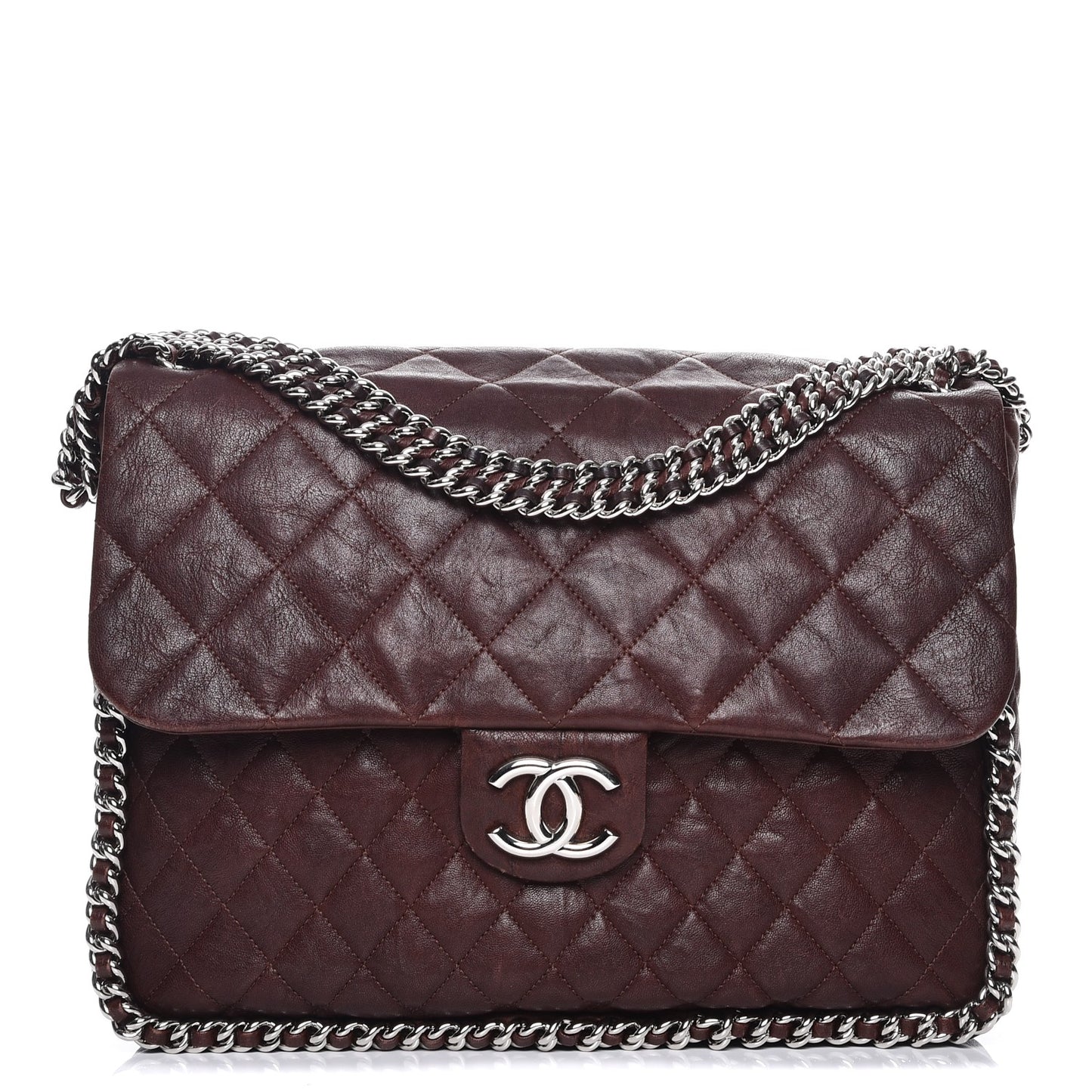 Crumpled Lambskin Quilted Maxi Chain Around Flap Dark Brown