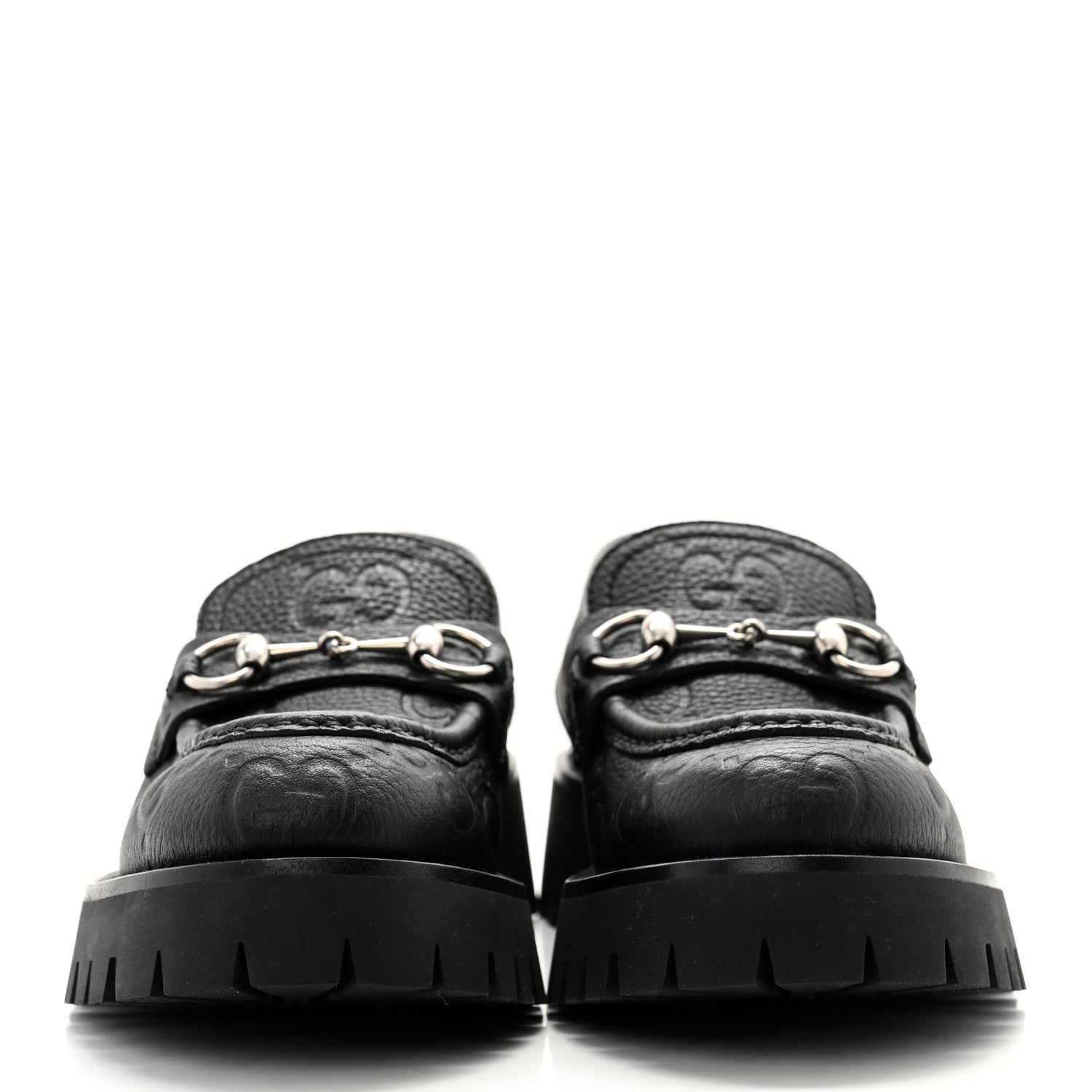 Gucci Piuma Calfskin Embossed Womens Platform Lug Sole Loafers 37.5 Black 2 of 9