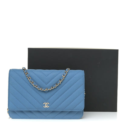 Chanel Caviar Flat Chevron Quilted Wallet On Chain WOC Blue 16 of 16