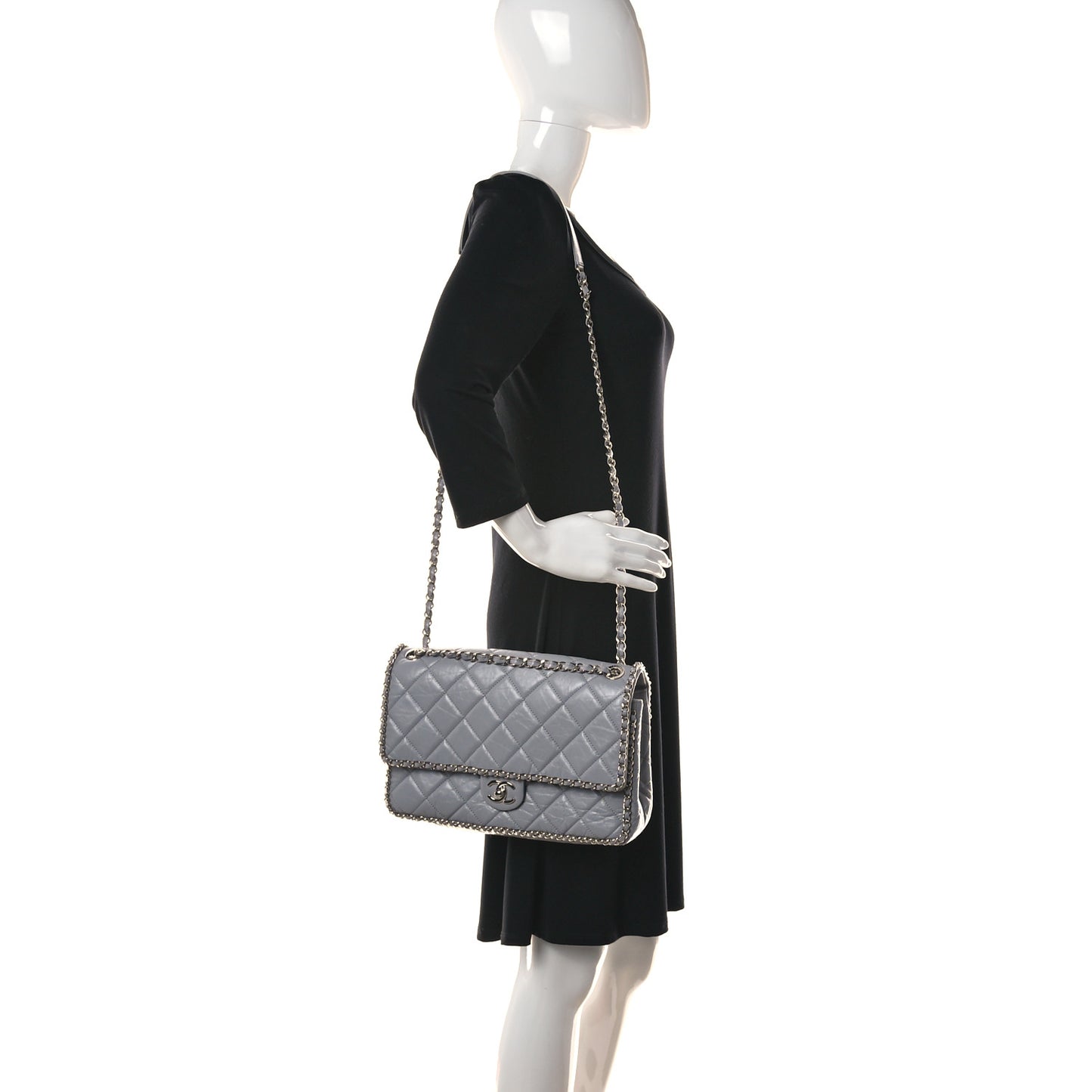 Crumpled Calfskin Large Chain All Over Flap Grey