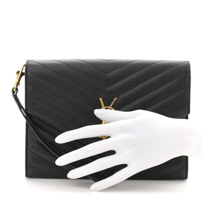 Saint Laurent Grain De Poudre Matelasse Chevron Monogram Envelope Clutch Black 2 of 8