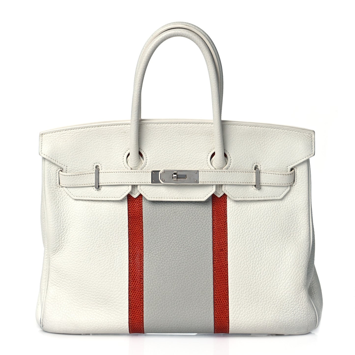 Taurillon Clemence Lizard Club Birkin 35 Blanc Gris Perle Sanguine