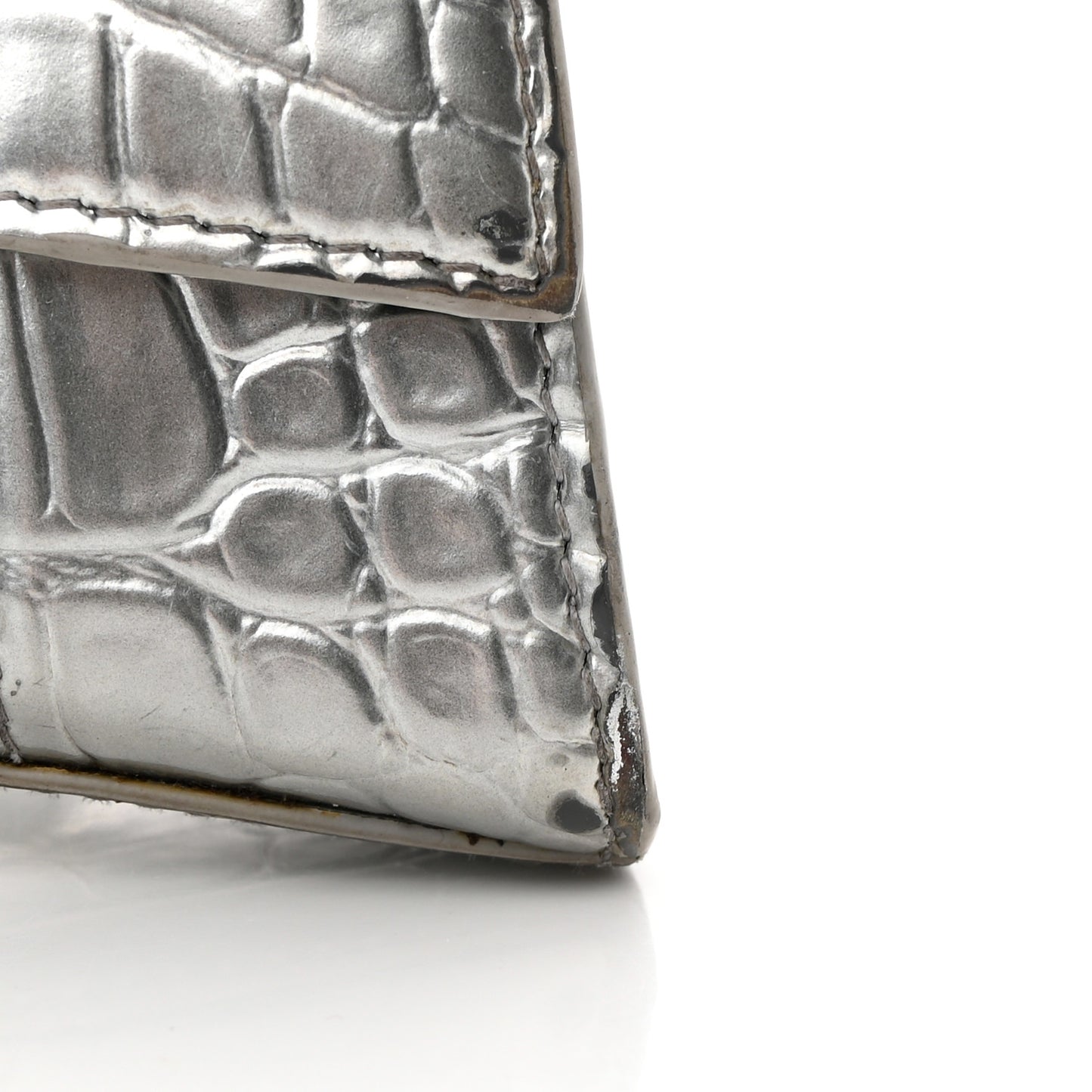 Metallic Calfskin Crocodile Embossed Hourglass Top Handle Bag XS Silver