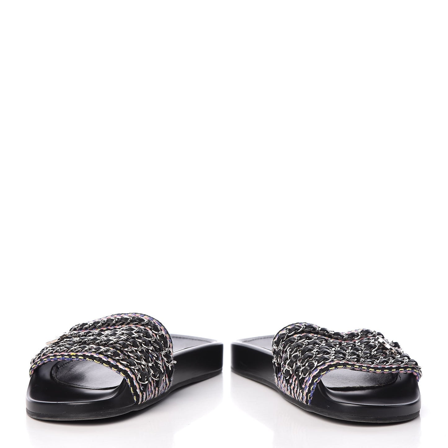 Tweed Lambskin Chain Flat Sandals 37 Black Multicolor