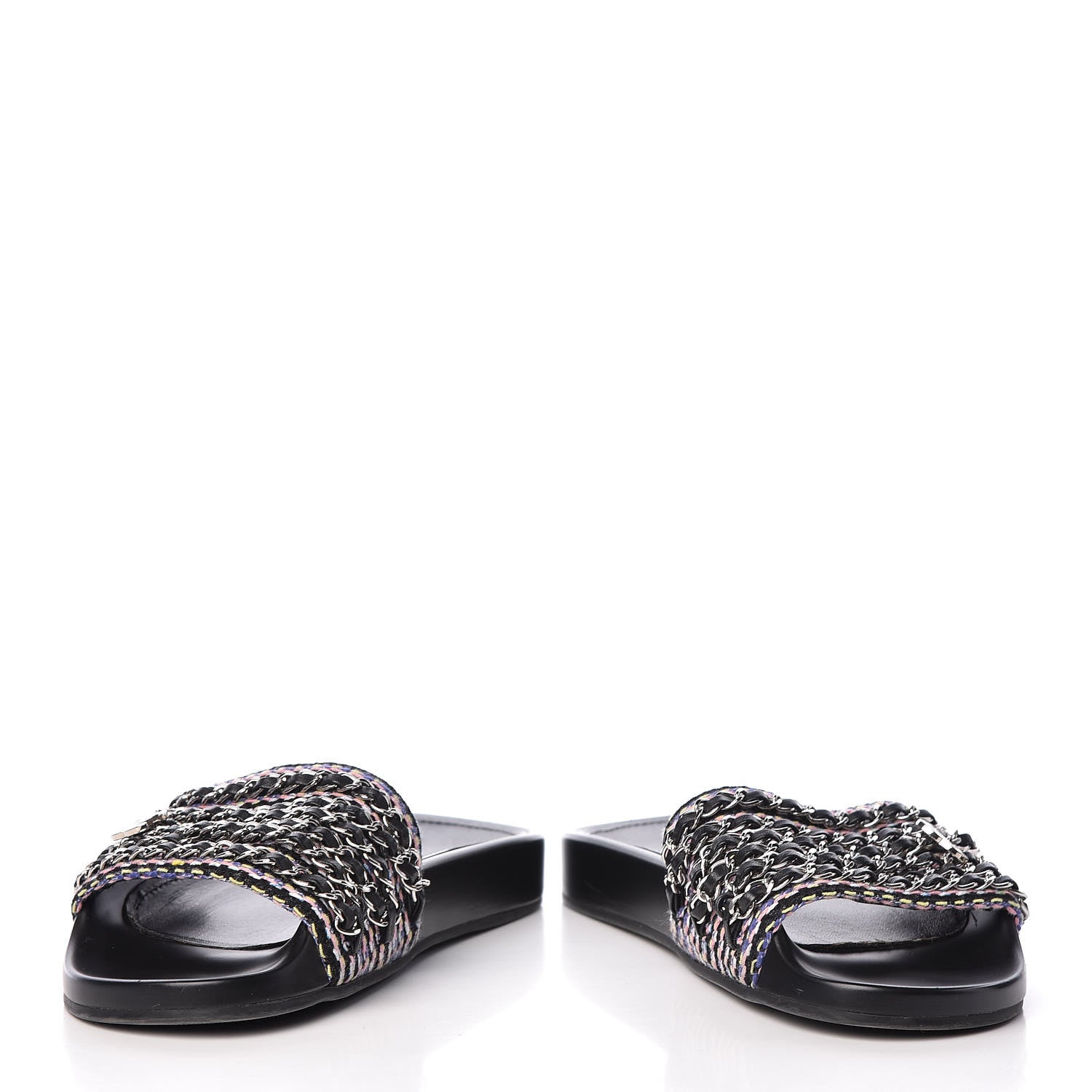 Chanel Tweed Lambskin Chain Flat Sandals 37 Black Multicolor 5 of 12