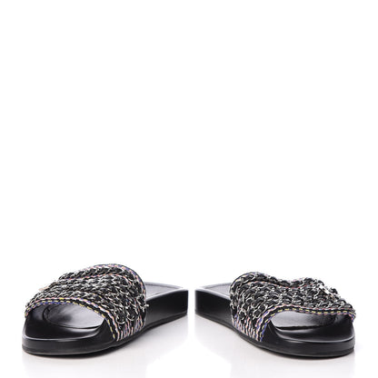 Chanel Tweed Lambskin Chain Flat Sandals 37 Black Multicolor 5 of 12
