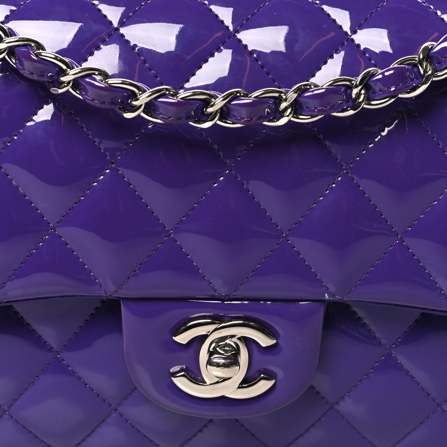 Patent Calfskin Quilted Medium Double Flap Purple