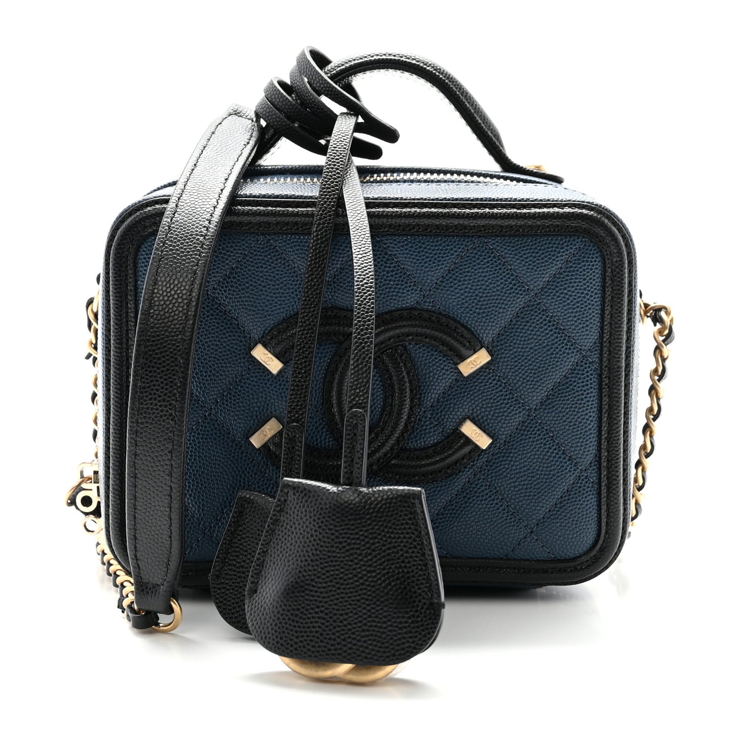 Caviar Quilted Small CC Filigree Vanity Case Navy Black