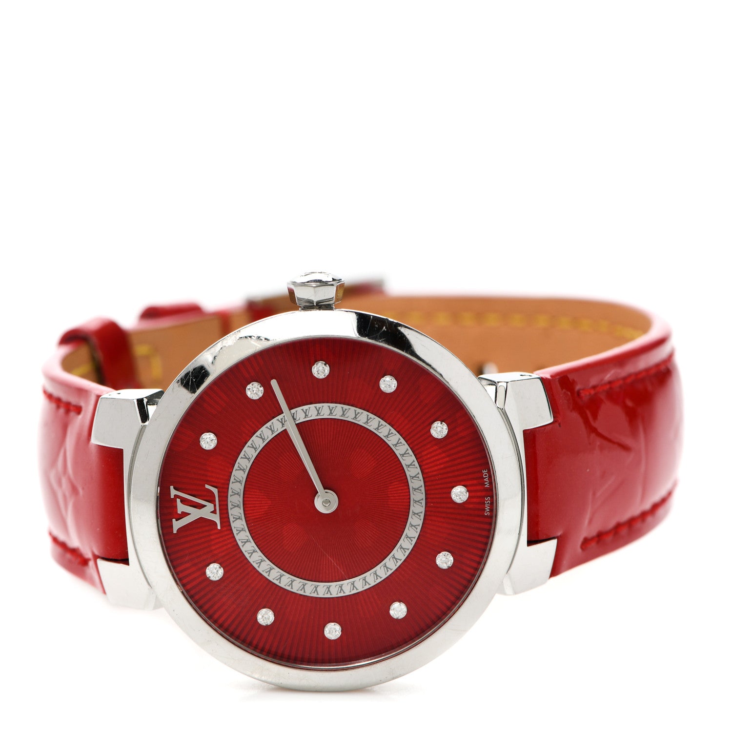 Louis Vuitton Stainless Steel Vernis Diamond 28mm Tambour Quartz Watch Red 2 of 5