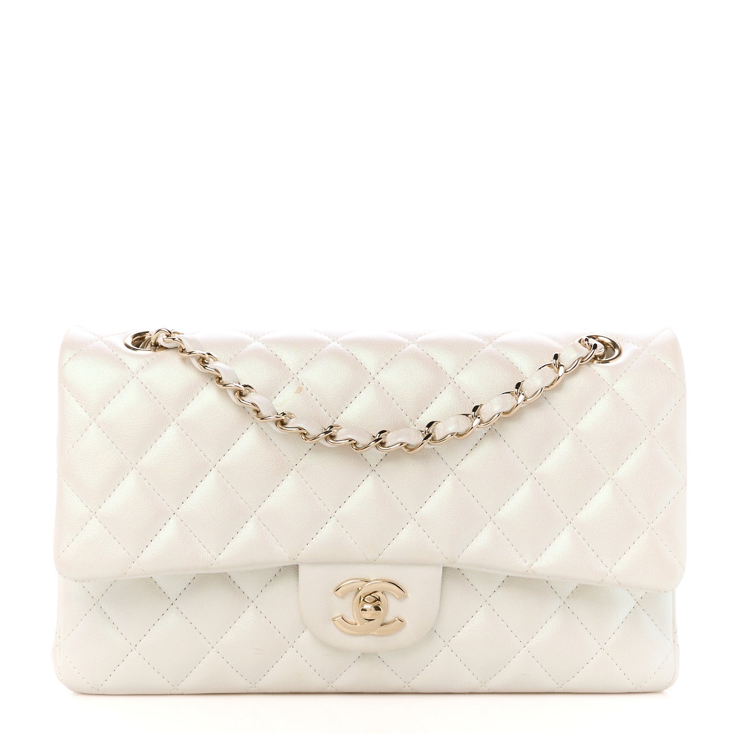 Iridescent Calfskin Quilted Medium Double Flap White