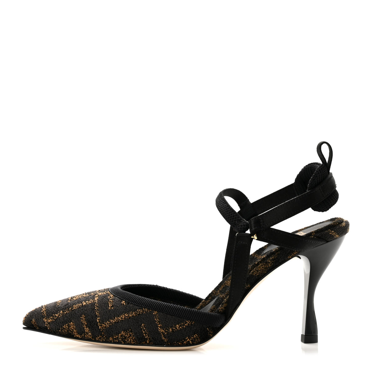 Fabric Jacquard FF Colibri Lite 85mm Slingback Pumps 36 Tobacco Black