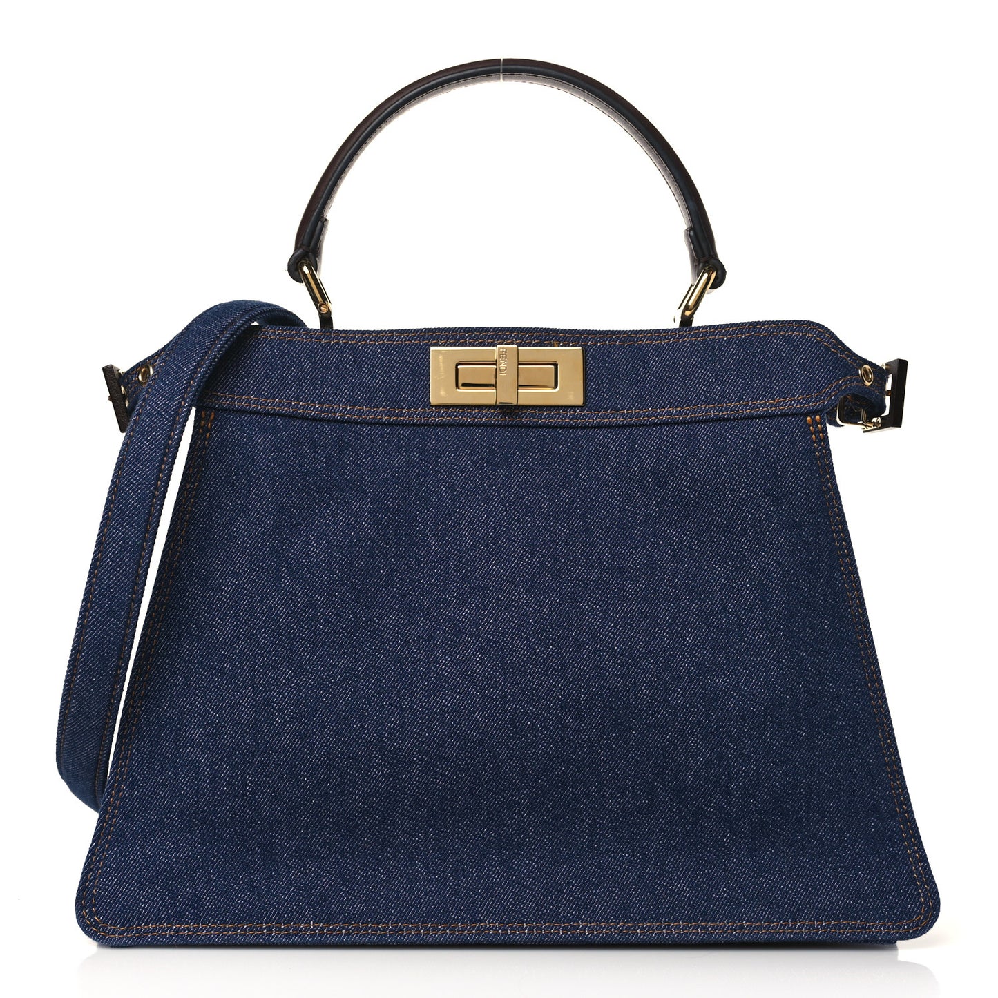 Denim Fabric Jacquard Cuoio FF 1974 Medium Peekaboo I SEE U Satchel Blue Tobacco Moro