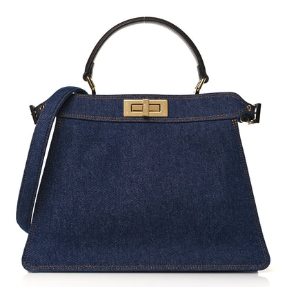 Fendi Denim Fabric Jacquard Cuoio FF 1974 Medium Peekaboo I SEE U Satchel Blue Tobacco Moro 1 of 10