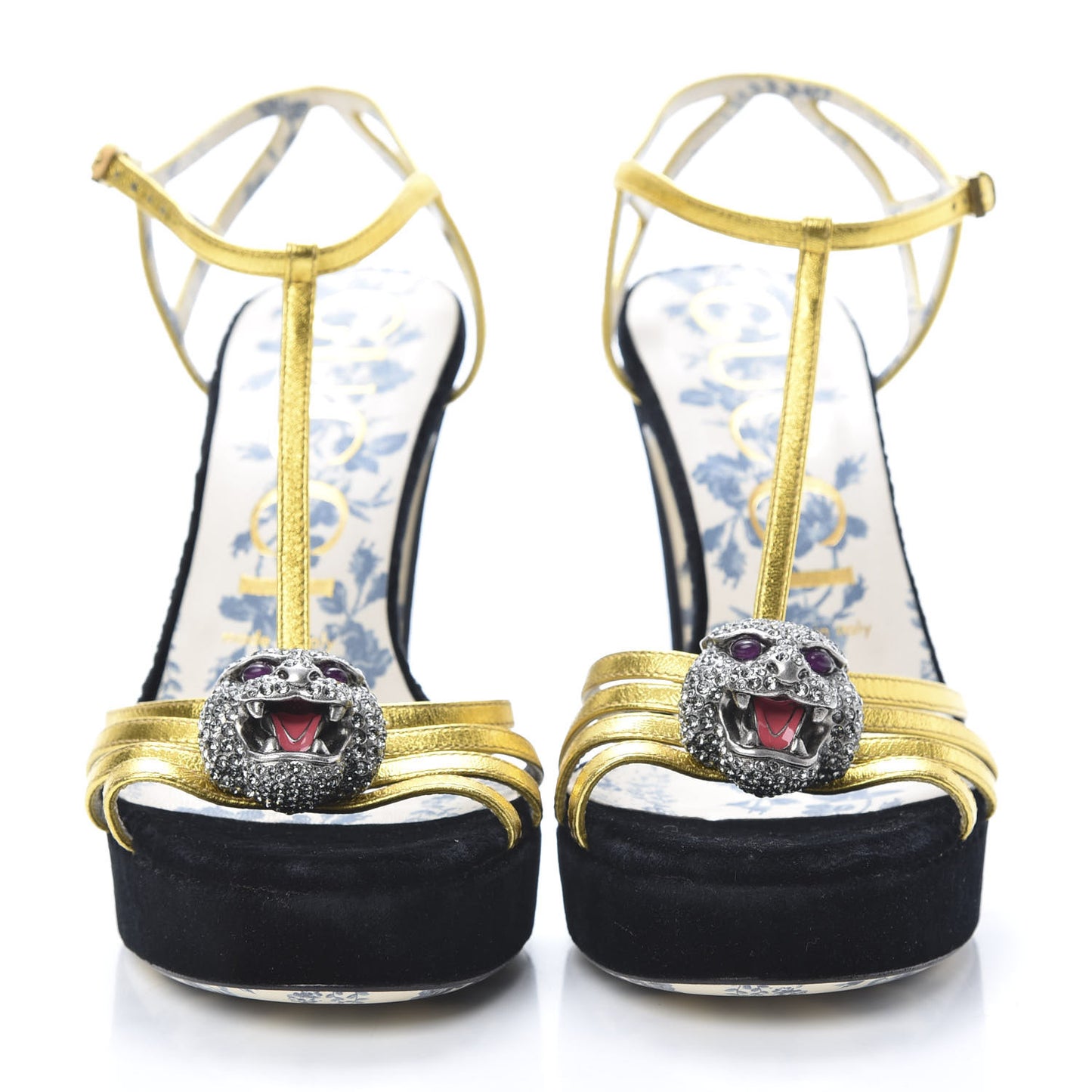 Velvet Nappa Elias T-Strap Platform High Heel Sandals 37.5 Black Gold