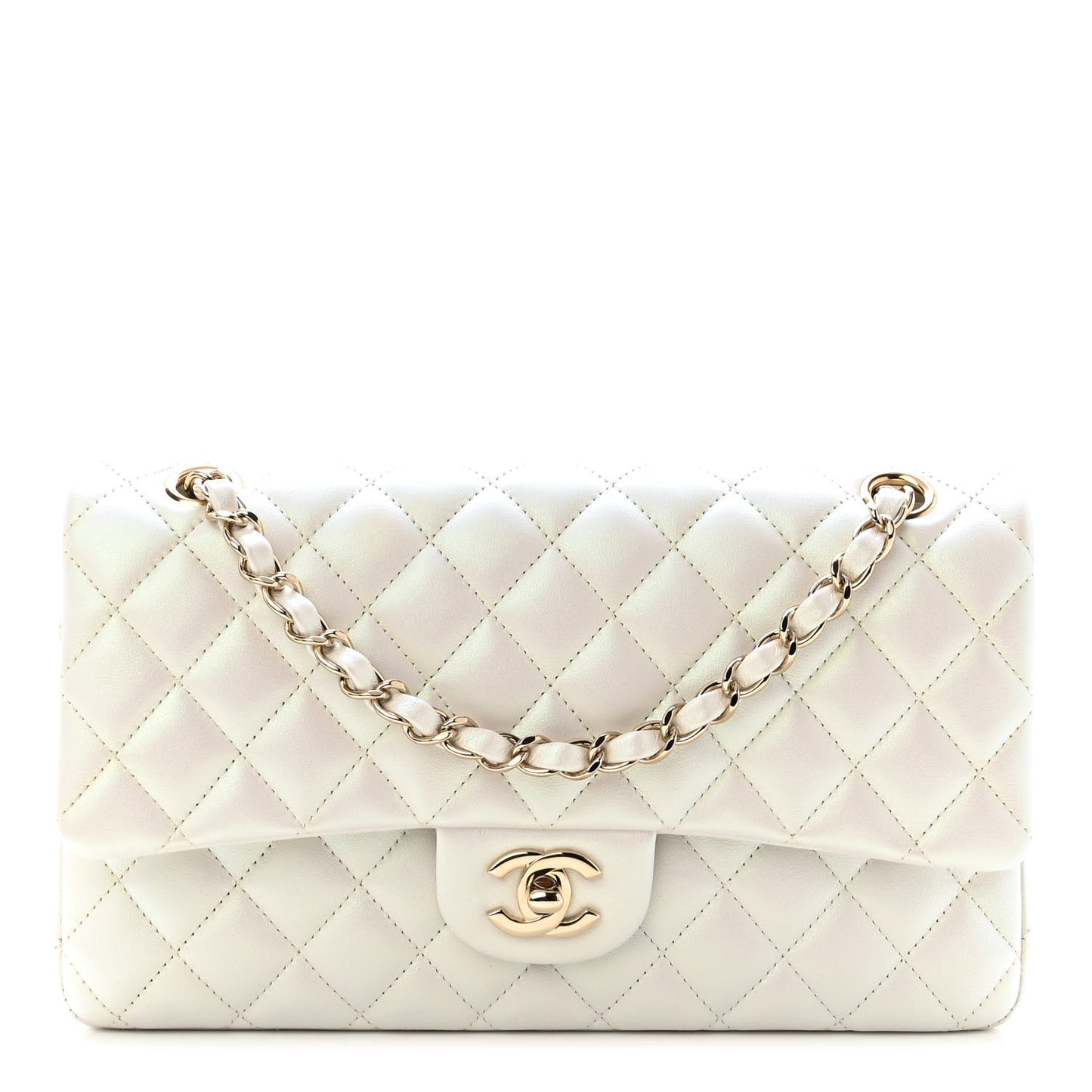 Iridescent Calfskin Quilted Medium Double Flap White