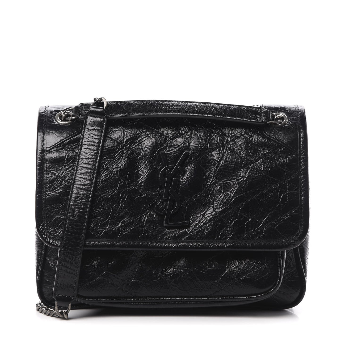 Crinkled Calfskin Matelasse Monogram Baby Niki Chain Satchel Black