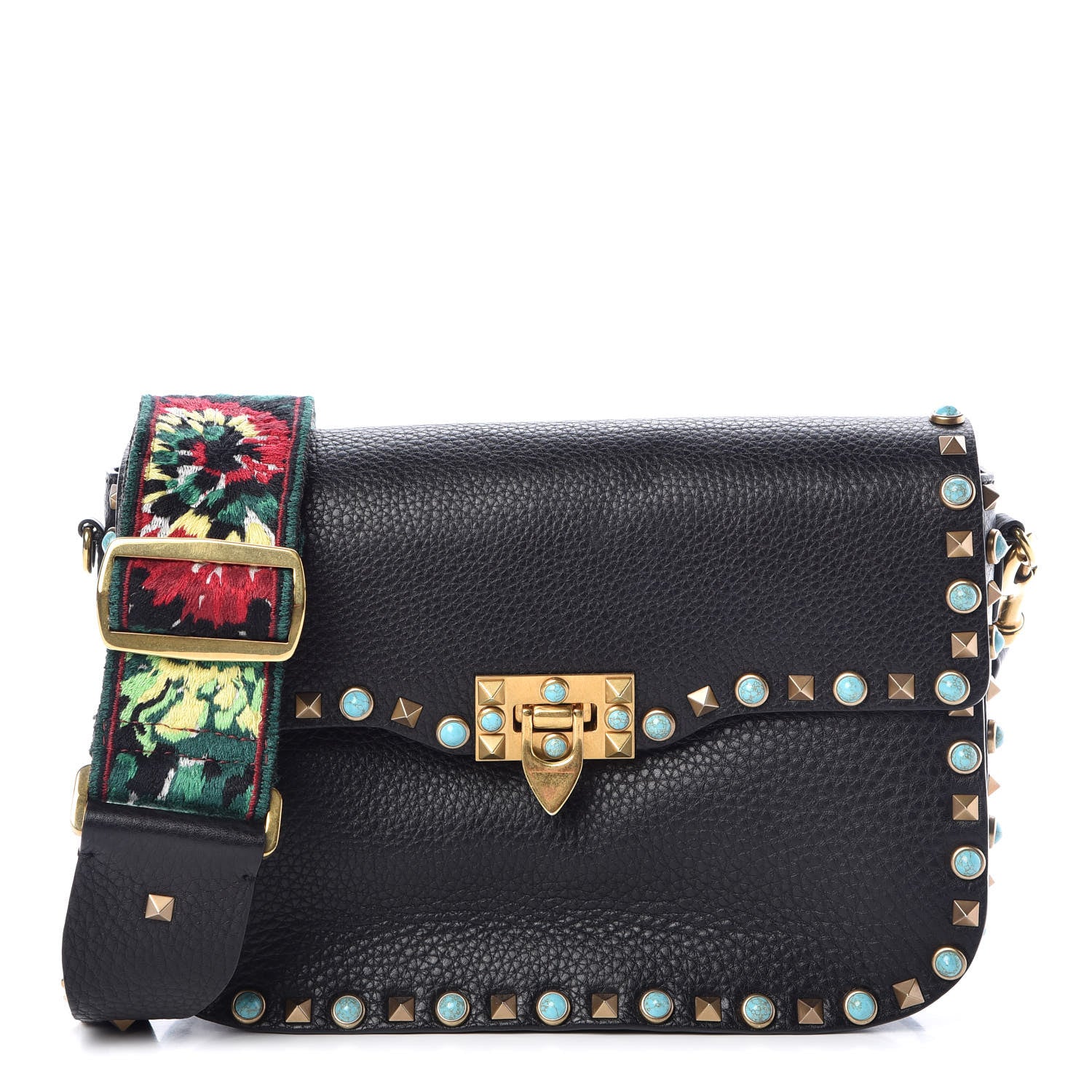 Valentino Garavani Pebbled Calfskin Turquoise Medium Guitar Strap Rockstud Rolling Flap Saddle Bag Black 1 of 9