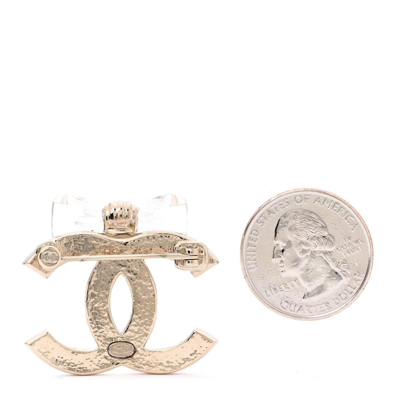 Chanel Metal Resin Bow Striated CC Brooch Gold 2 of 3