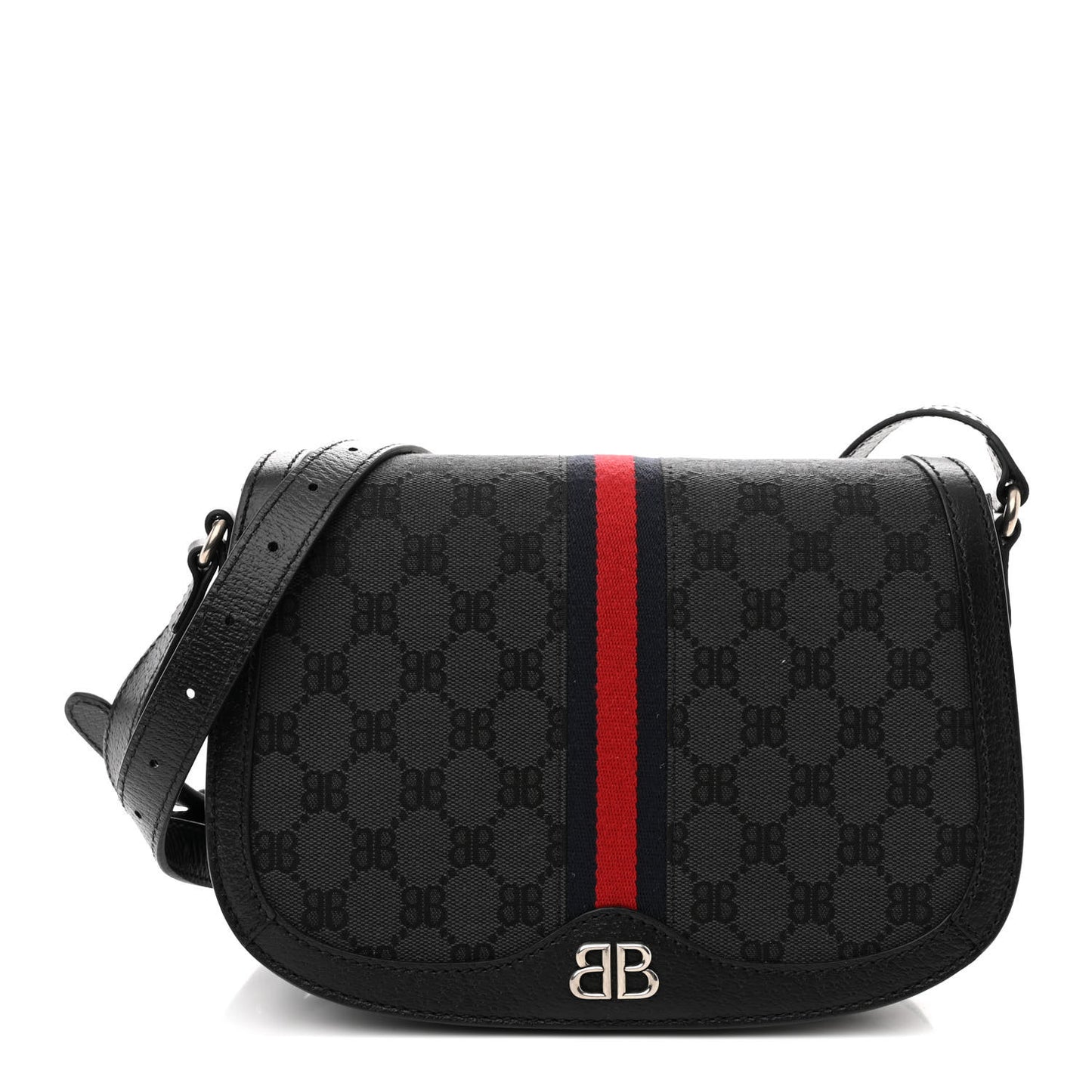 X BALENCIAGA BB Supreme Monogram Web Ophidia Shoulder Bag Black
