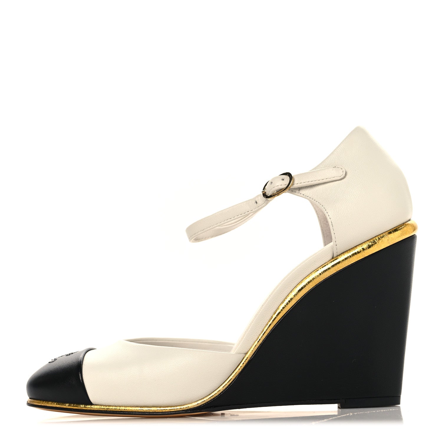 Chanel Lambskin Cap Toe Open Wedge 38 Black White 1 of 10