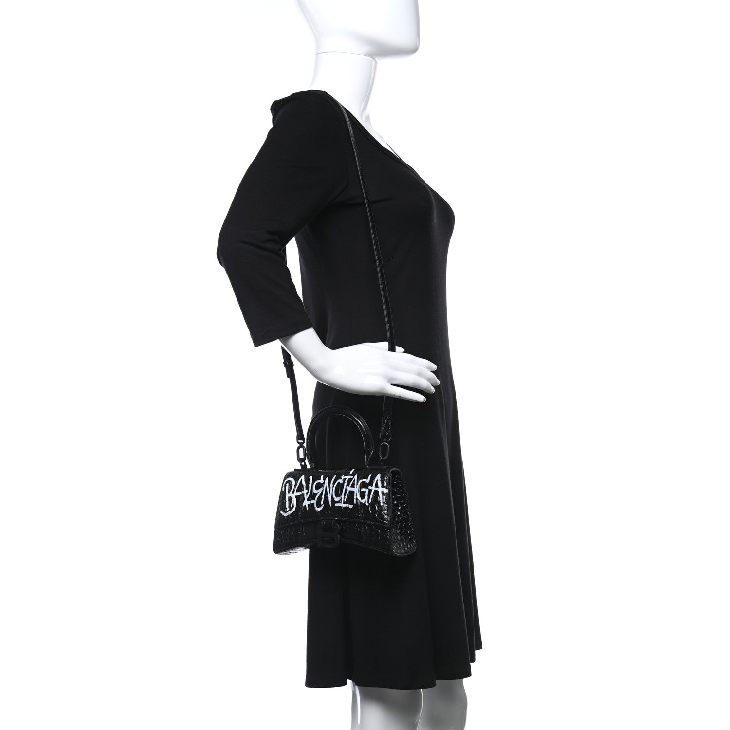 Balenciaga Calfskin Graffiti Logo Monochrome Crocodile Embossed Hourglass Top Handle Bag XS Black 2 of 8