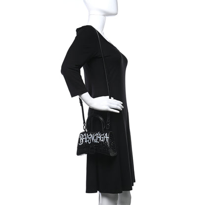 Balenciaga Calfskin Graffiti Logo Monochrome Crocodile Embossed Hourglass Top Handle Bag XS Black 2 of 8