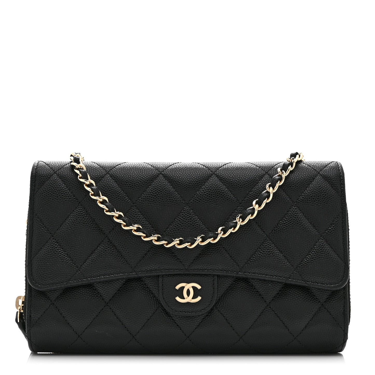 Caviar Quilted Phone Holder Wallet on Removable Chain Black