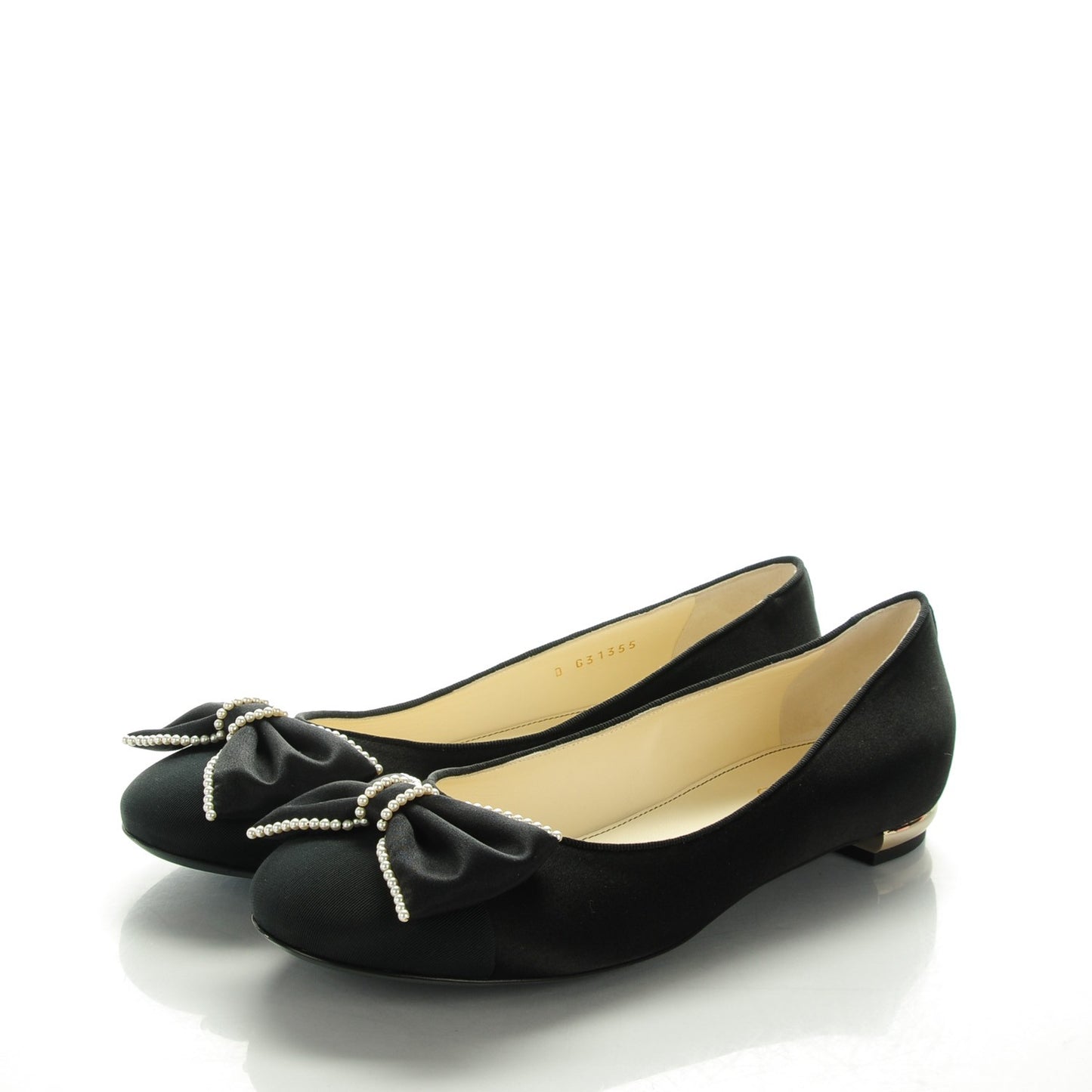 Satin Pearl Bow Ballerina Cap Toe Flats 40 Black