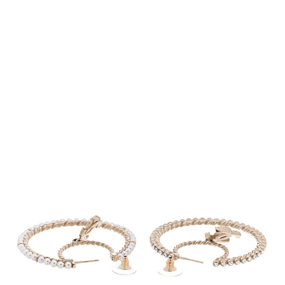 Chanel Crystal Pearl CC Drop Hoop Earrings Gold Pearly White 3 of 4