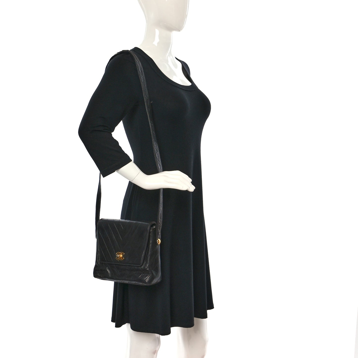Lambskin Chevron Quilted Flap Shoulder Bag Black