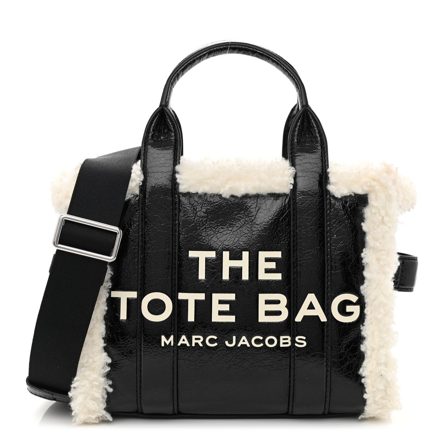 Shiny Calfskin Faux Shearling Mini The Traveler Tote Bag Black