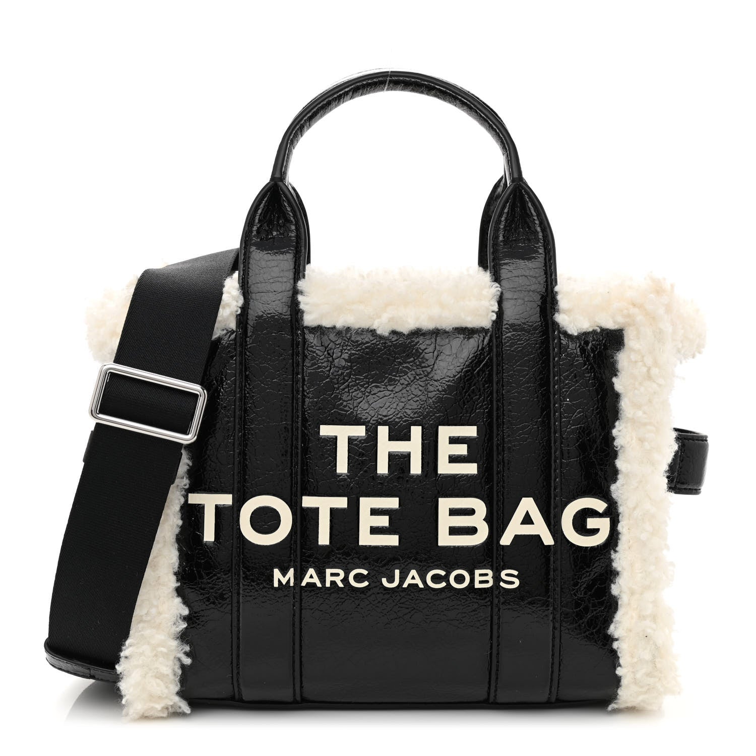 Marc Jacobs Shiny Calfskin Faux Shearling Mini The Traveler Tote Bag Black 1 of 11