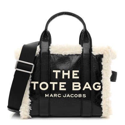 Marc Jacobs Shiny Calfskin Faux Shearling Mini The Traveler Tote Bag Black 1 of 11