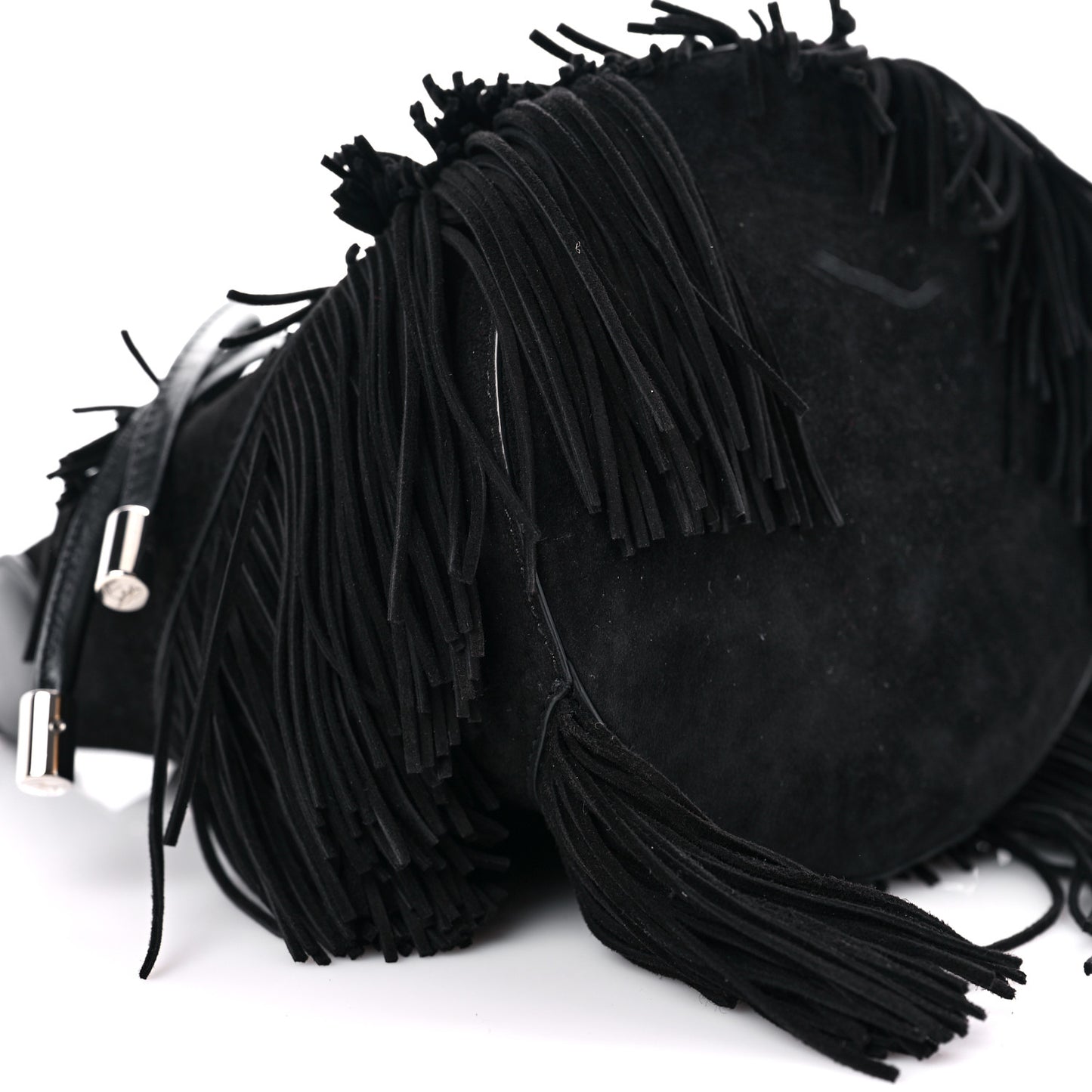 Suede Calfskin Fringe Marie Jane Bucket Black