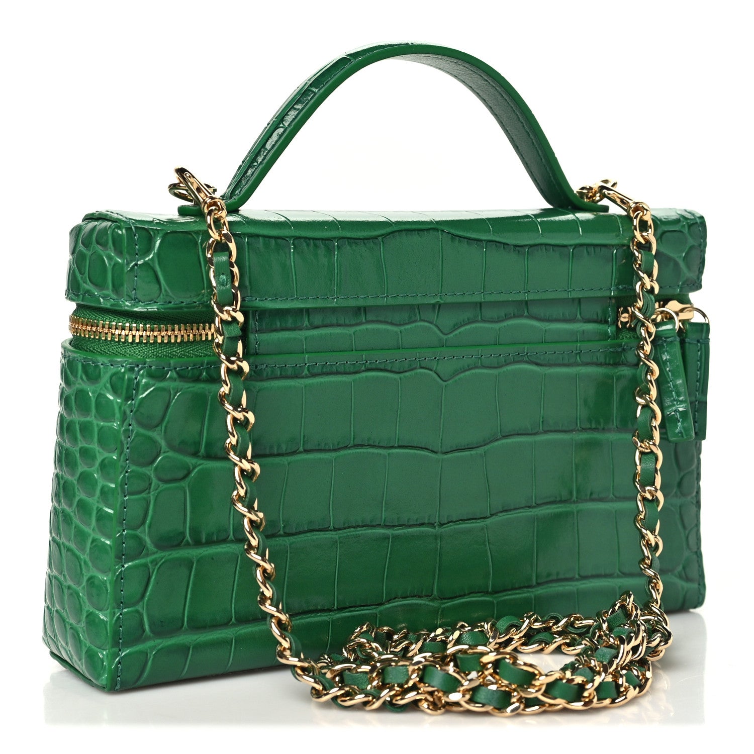 Chanel Calfskin Crocodile Embossed Crococo Top Handle Slim Vanity Case With Chain Emerald 3 of 11