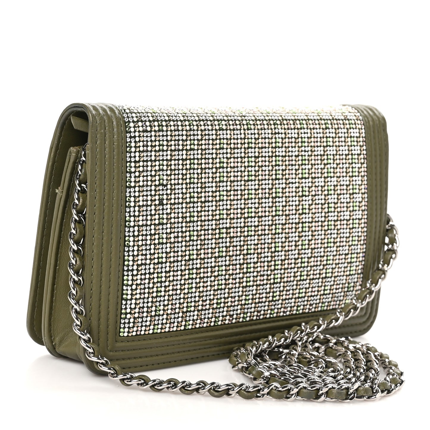 Calfskin Crystal Studded Boy Wallet On Chain WOC Khaki