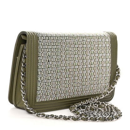 Chanel Calfskin Crystal Studded Boy Wallet On Chain WOC Khaki 3 of 12