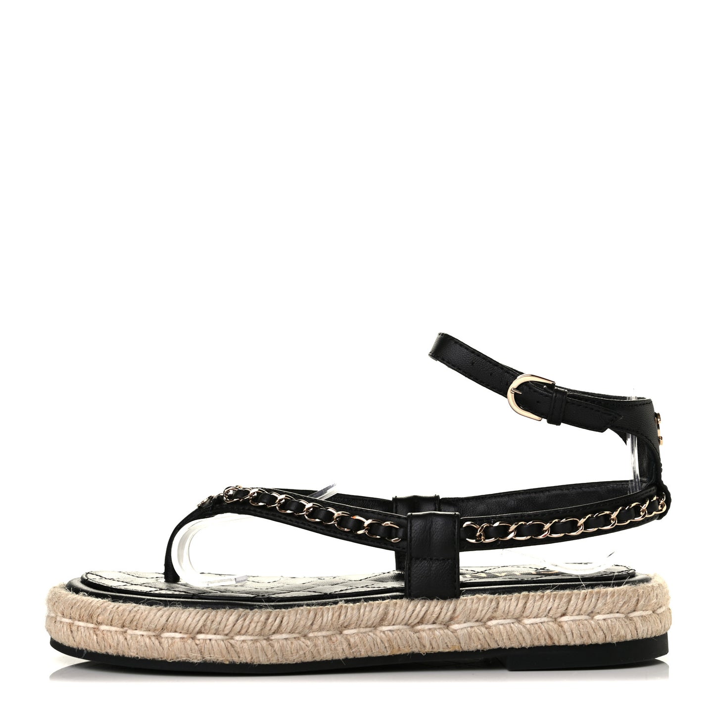 Lambskin Chain CC Thong Espadrille Sandals 36 Black
