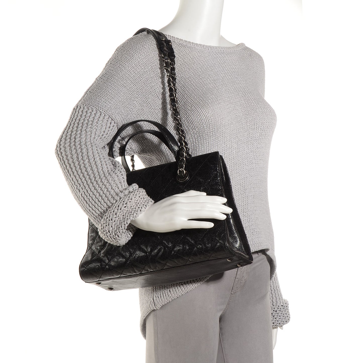 Crumpled Grained Calfskin Quilted CC Crave Tote Black
