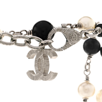 Chanel Metal Pearl Crystal Bead CC Long Necklace Silver Black 5 of 6