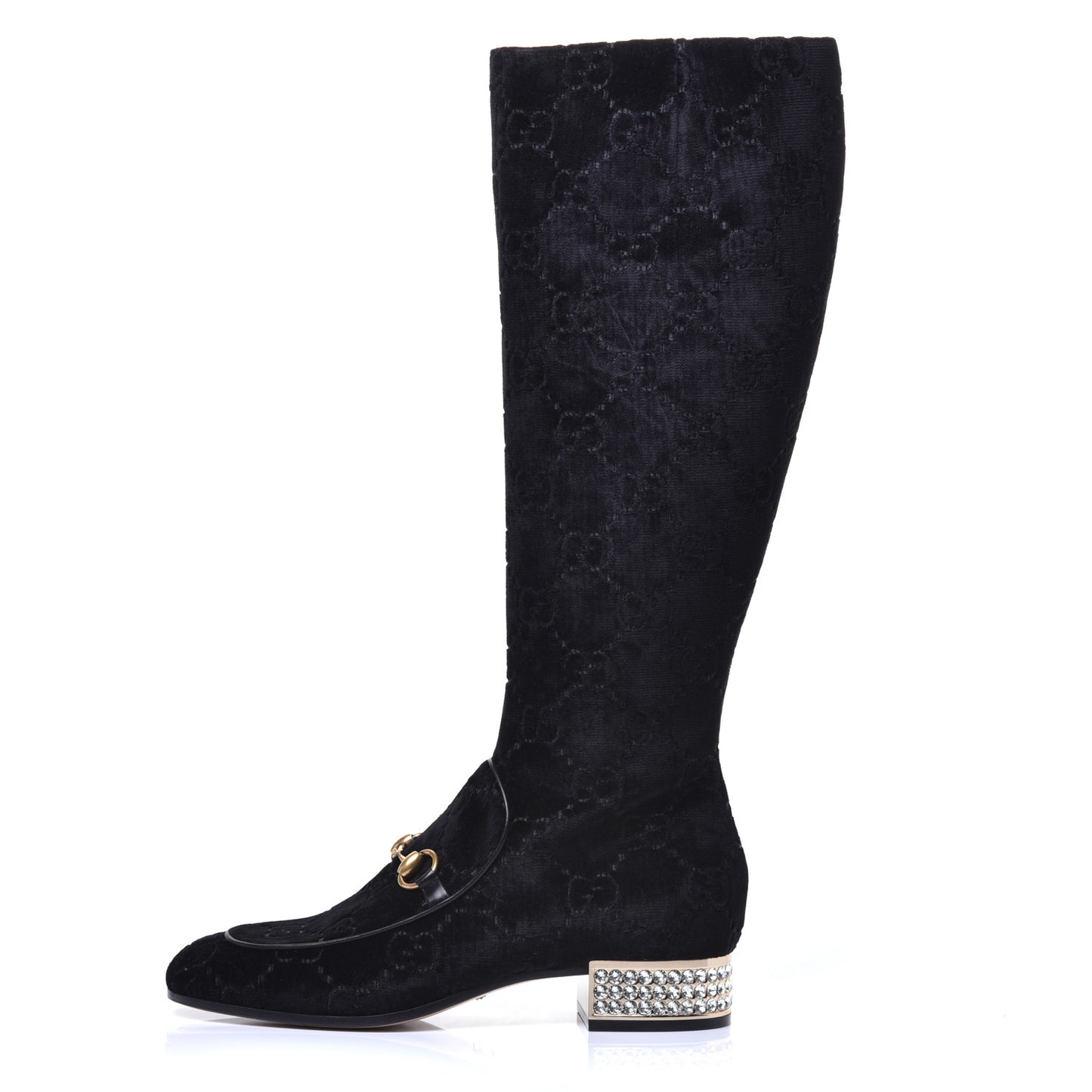 Velvet GG Monogram Crystal Horsebit Knee High Boots 39 Black