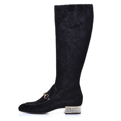 Gucci Velvet GG Monogram Crystal Horsebit Knee High Boots 39 Black 1 of 9