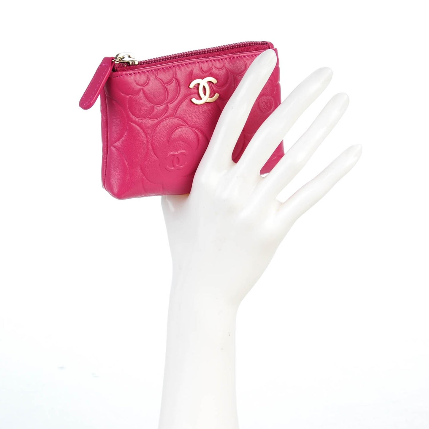 Lambskin Camellia Embossed Key Holder Case Fuchsia